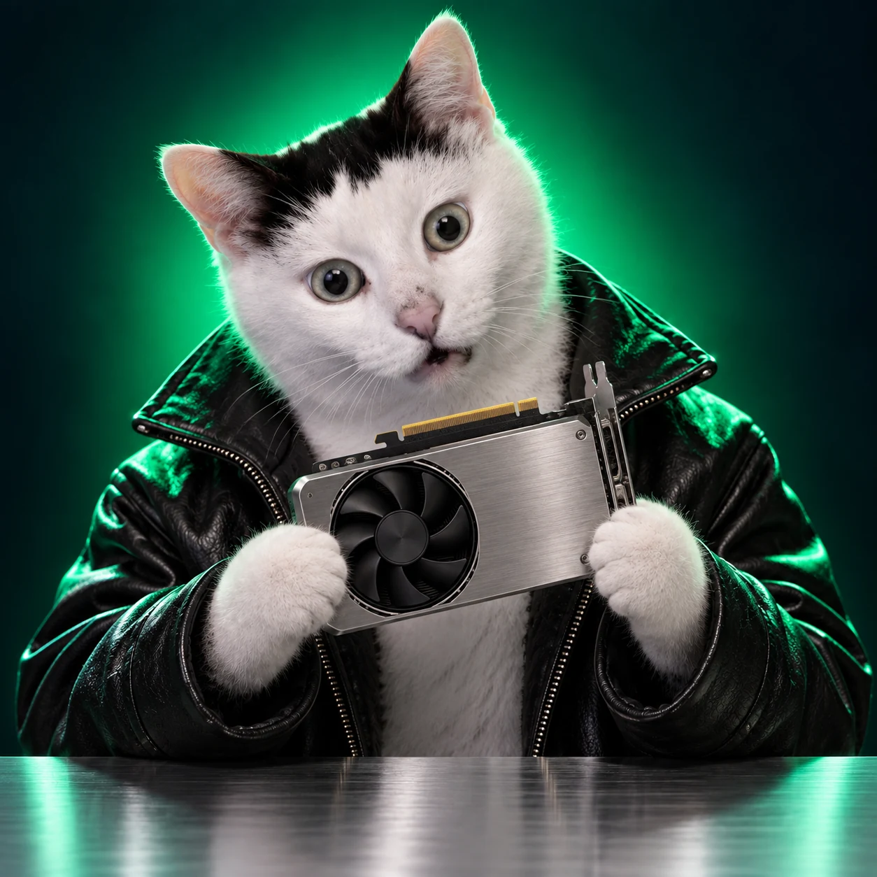 The cat trying to understand an upside-down graphics card.