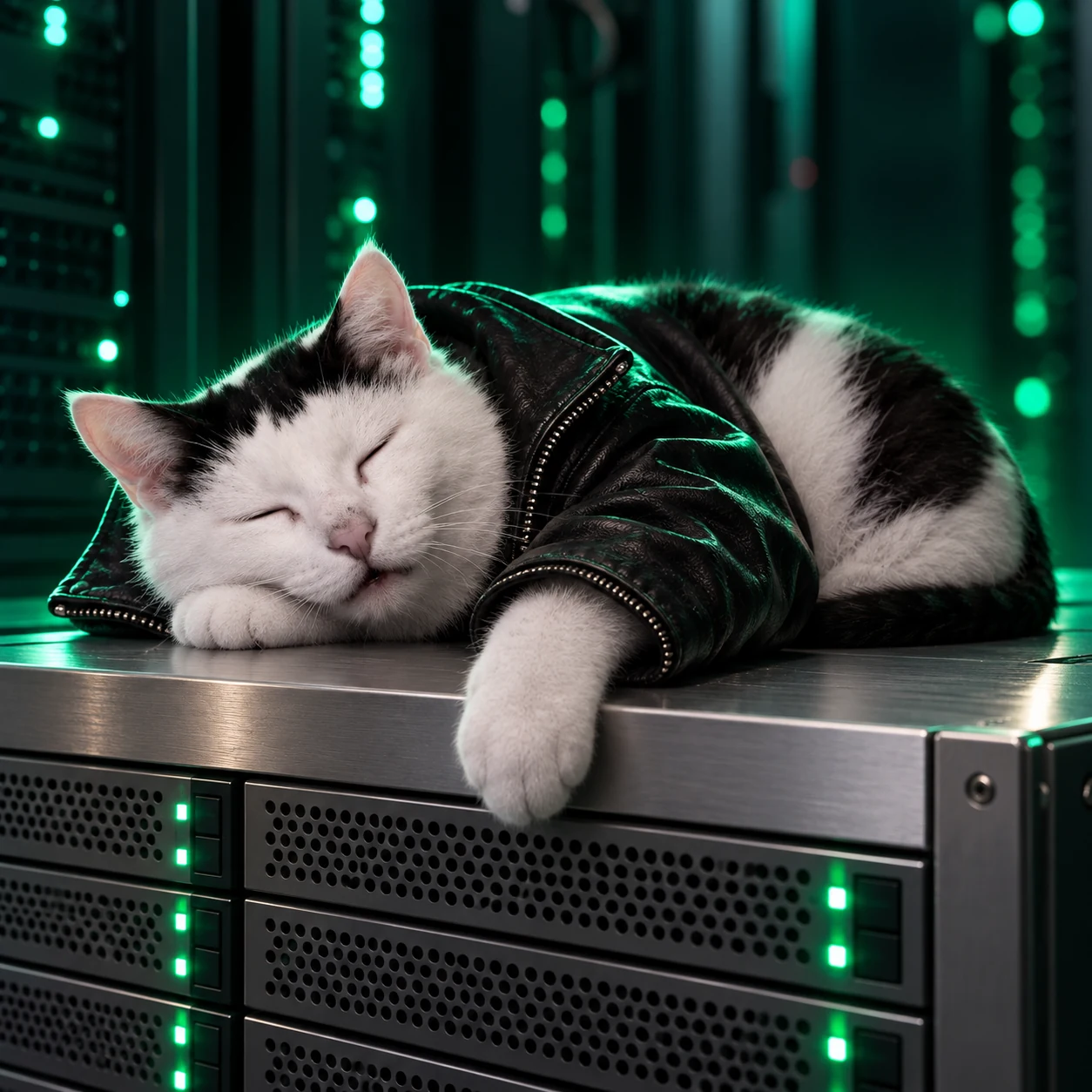 The leather-jacket cat napping on a warm server.